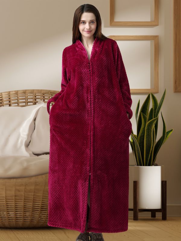 HUAZONG Peignoir Femme Fermeture Éclair – Doux Coton/Polyester, Poches, Manches Courtes/Longues, Longueur Genou – Idéal Douche, Nuit, Maternité